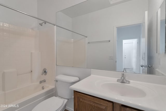 full bathroom with vanity, toilet, and washtub / shower combination