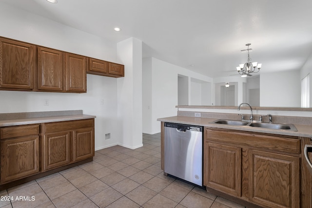 kitchen with sink, decorative light fixtures, a chandelier, light tile patterned floors, and stainless steel dishwasher