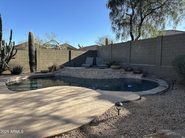 view of swimming pool featuring a fenced backyard, a fenced in pool, and a patio