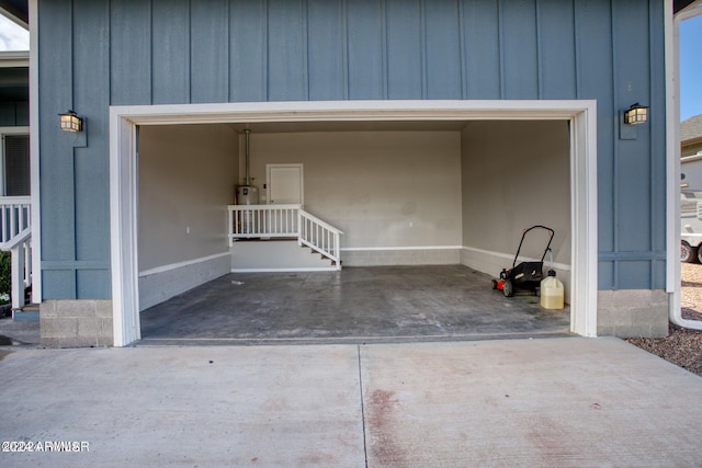 garage featuring water heater