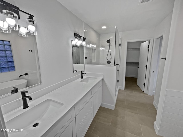 bathroom with a stall shower, a walk in closet, a sink, and double vanity