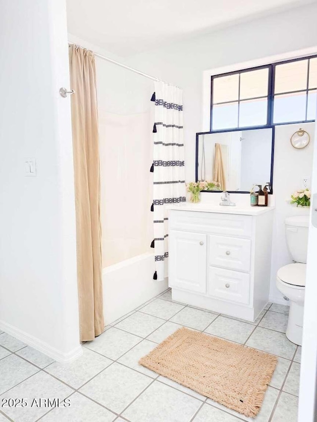 full bathroom featuring vanity, toilet, and shower / bathtub combination with curtain