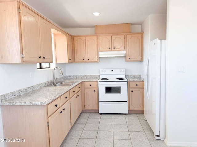 kitchen featuring light brown cabinetry, light tile patterned floors, white appliances, and sink