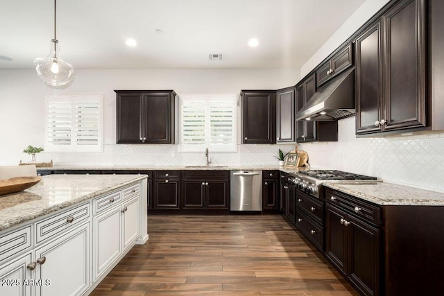 kitchen featuring sink, stainless steel appliances, dark hardwood / wood-style floors, ventilation hood, and decorative light fixtures