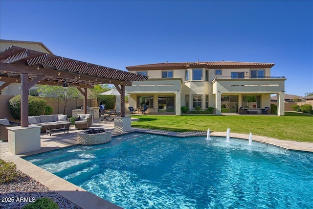 rear view of house with a pergola, a lawn, an outdoor living space with a fire pit, and a patio