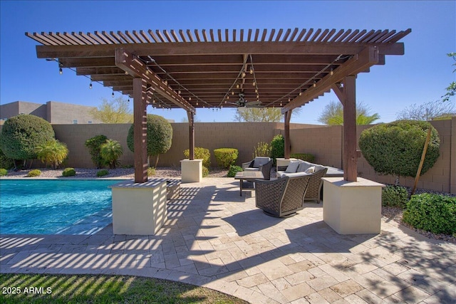 view of patio featuring a pergola and outdoor lounge area