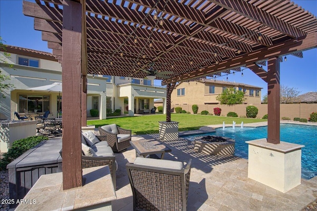 view of patio / terrace with pool water feature, ceiling fan, a fenced in pool, and a pergola