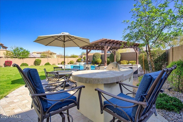 view of patio / terrace featuring area for grilling, exterior bar, and a fenced in pool