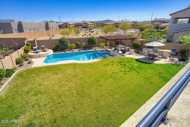 view of pool featuring a pergola, a lawn, outdoor lounge area, and a patio