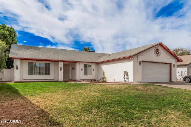 ranch-style house with a garage, driveway, a front lawn, and stucco siding