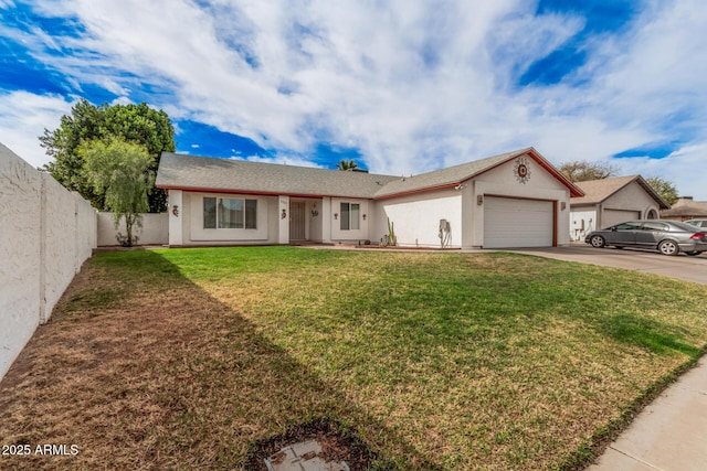 ranch-style home with an attached garage, driveway, and stucco siding