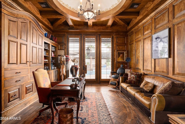 office area with a chandelier, coffered ceiling, wood walls, and beamed ceiling