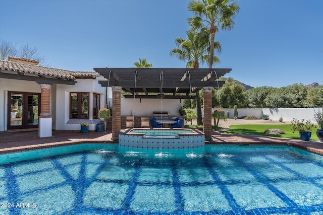 view of pool featuring french doors, an in ground hot tub, and a pergola