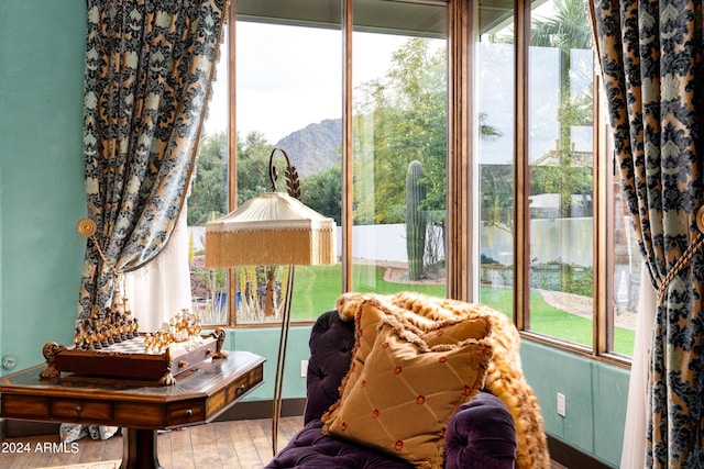 interior space featuring a healthy amount of sunlight, a mountain view, and light wood-type flooring