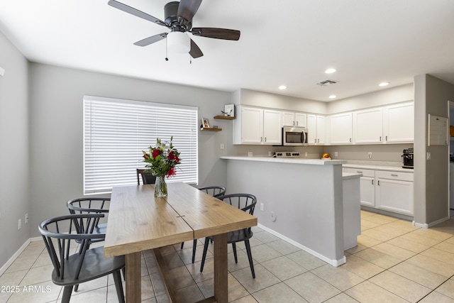 dining room with baseboards, visible vents, light tile patterned flooring, recessed lighting, and ceiling fan