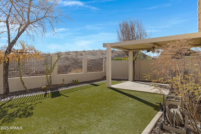 view of yard featuring a patio area and ceiling fan