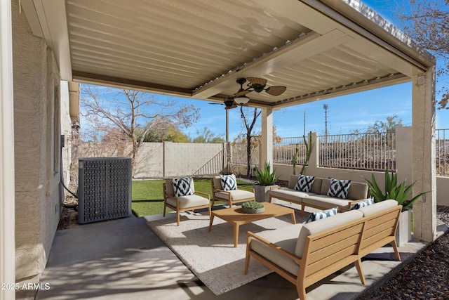 view of patio with ceiling fan, outdoor lounge area, and central air condition unit