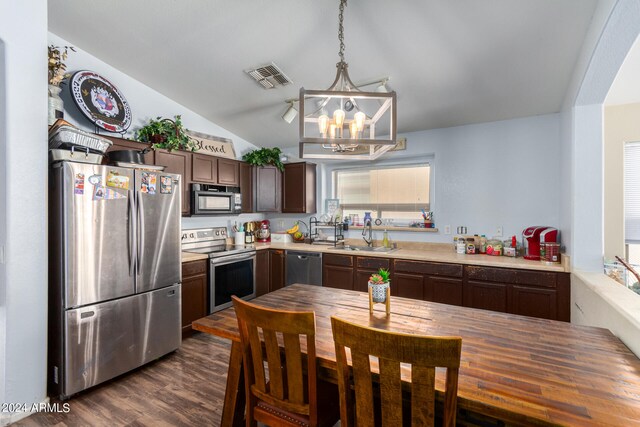 kitchen featuring hanging light fixtures, dark hardwood / wood-style flooring, sink, dark brown cabinetry, and stainless steel appliances