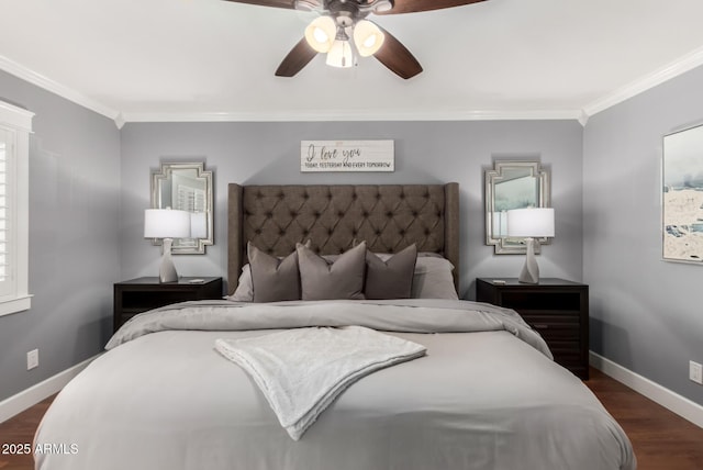 1311 W Ellis St, Mesa, AZ 85201 - bedroom with ornamental molding, dark wood-style flooring, baseboards, and a ceiling fan