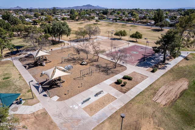 drone / aerial view featuring a mountain view