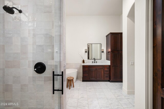 bathroom featuring vanity and independent shower and bath