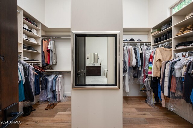 walk in closet with hardwood / wood-style flooring