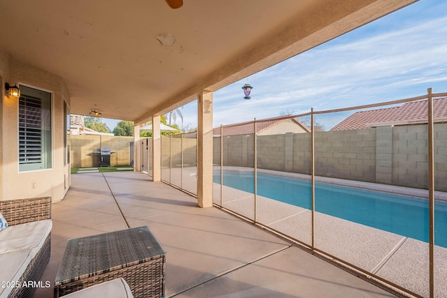 view of pool featuring a patio area, a fenced backyard, and a fenced in pool