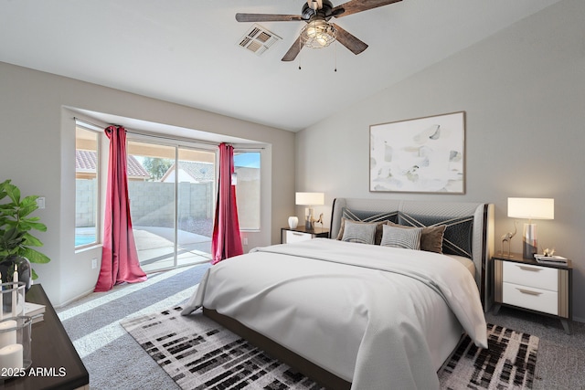 bedroom with visible vents, a ceiling fan, lofted ceiling, access to exterior, and carpet