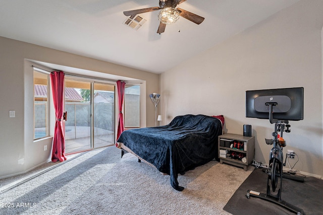 carpeted bedroom with lofted ceiling, visible vents, baseboards, a ceiling fan, and access to outside