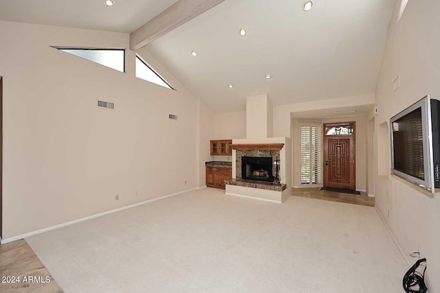 23014 N 86th St, Scottsdale, AZ 85255 - unfurnished living room with visible vents, beamed ceiling, high vaulted ceiling, and baseboards