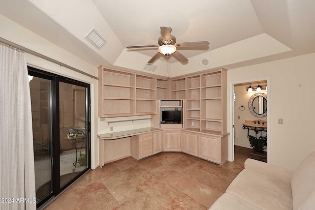23014 N 86th St, Scottsdale, AZ 85255 - kitchen featuring visible vents, light brown cabinetry, a tray ceiling, light countertops, and ceiling fan