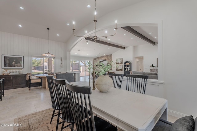2724 W Colt Rd, Chandler, AZ 85224 - dining space with recessed lighting, arched walkways, a chandelier, beam ceiling, and high vaulted ceiling