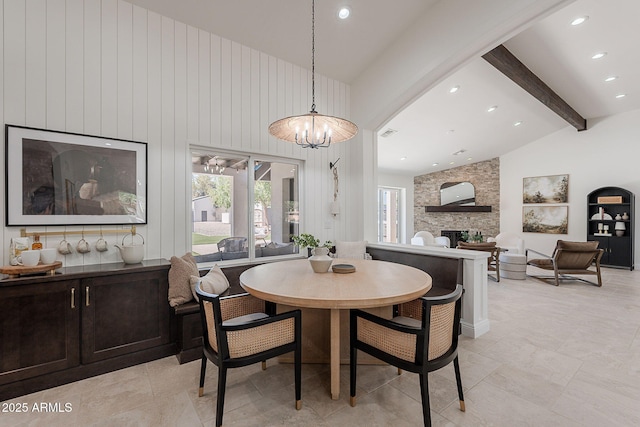 2724 W Colt Rd, Chandler, AZ 85224 - dining room with beamed ceiling, a fireplace, high vaulted ceiling, recessed lighting, and a chandelier