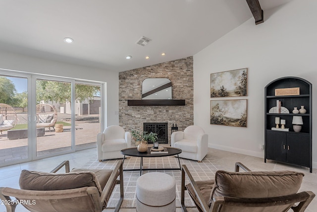 2724 W Colt Rd, Chandler, AZ 85224 - living area with a stone fireplace, beam ceiling, recessed lighting, high vaulted ceiling, and baseboards
