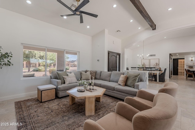 2724 W Colt Rd, Chandler, AZ 85224 - living area with ceiling fan, a chandelier, recessed lighting, high vaulted ceiling, and beam ceiling