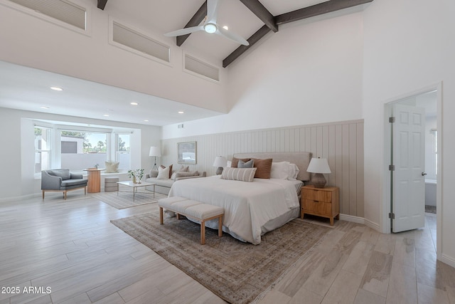 2724 W Colt Rd, Chandler, AZ 85224 - bedroom featuring light wood-style floors, beamed ceiling, high vaulted ceiling, recessed lighting, and baseboards