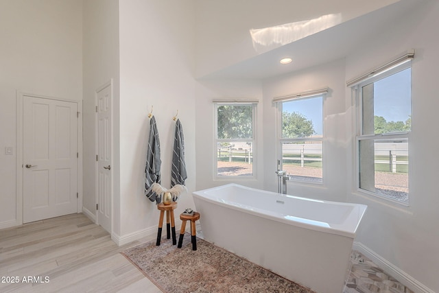 2724 W Colt Rd, Chandler, AZ 85224 - bathroom with a freestanding bath, wood finished floors, and baseboards