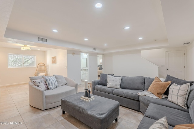 2724 W Colt Rd, Chandler, AZ 85224 - living room with a raised ceiling, recessed lighting, light tile patterned floors, and baseboards