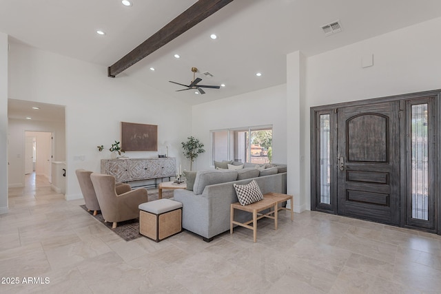 2724 W Colt Rd, Chandler, AZ 85224 - living area with high vaulted ceiling, beam ceiling, recessed lighting, a ceiling fan, and baseboards