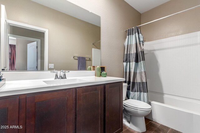 bathroom featuring toilet, shower / bathtub combination with curtain, vanity, and wood tiled floor