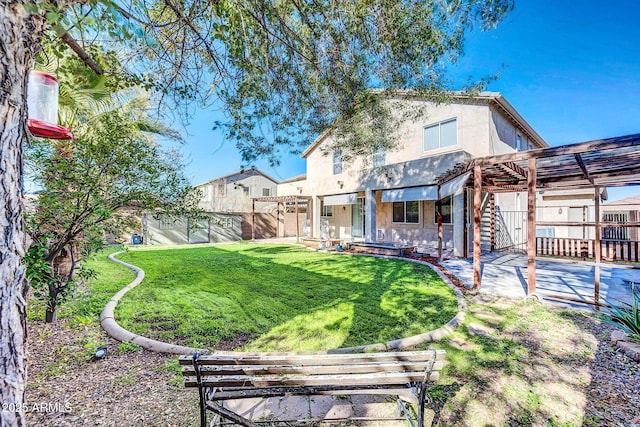 back of property with a lawn and a pergola