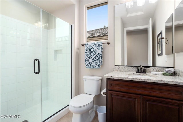 bathroom with walk in shower, toilet, and oversized vanity