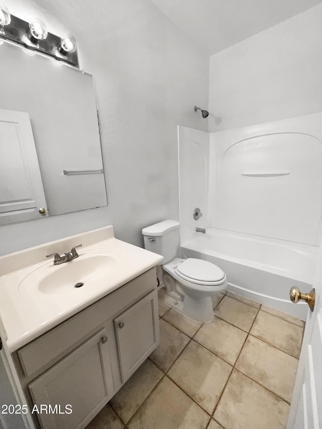 full bathroom with shower / bathing tub combination, vanity, toilet, and tile patterned floors