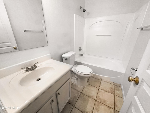 full bathroom with bathing tub / shower combination, tile patterned flooring, vanity, and toilet