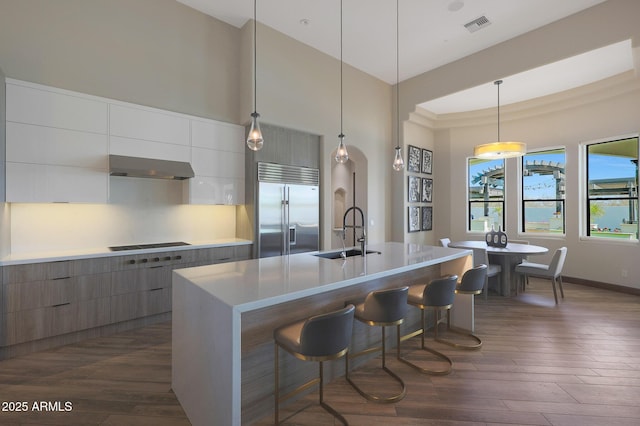 kitchen featuring a kitchen island with sink, sink, dark wood-type flooring, and appliances with stainless steel finishes