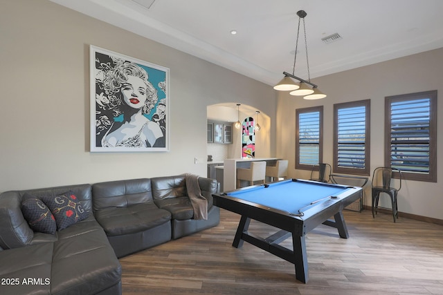 playroom with hardwood / wood-style flooring and pool table