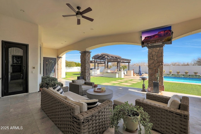 view of patio featuring a fenced in pool, ceiling fan, an outdoor hangout area, and a pergola