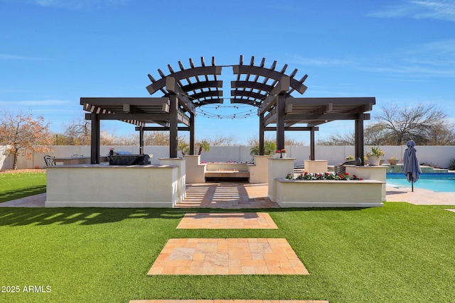 exterior space with a fenced in pool, an outdoor bar, and a pergola