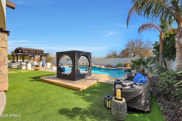 view of pool with a yard, a pergola, a patio, and pool water feature