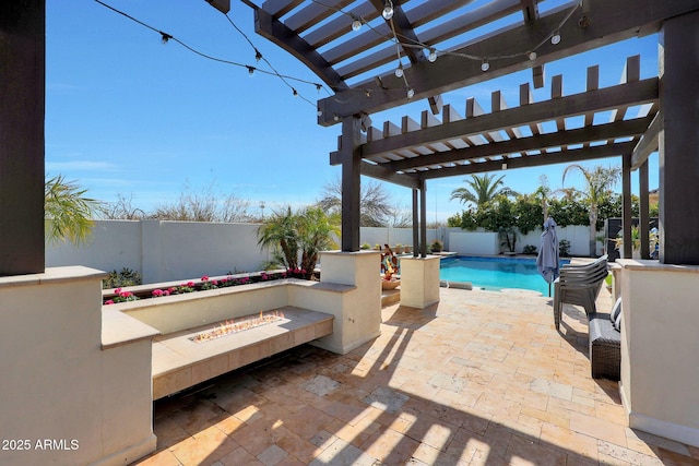 view of patio featuring an outdoor fire pit, a pergola, and a fenced in pool